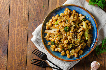 Quinoa with Chickpea, Mushrooms, and Broccoli, Healthy Meal, Vegetarian Food, Rustic Background