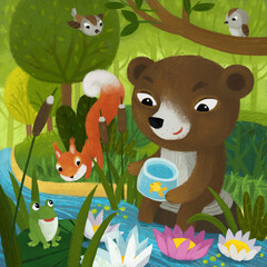 cartoon scene with different forest animals friends bear squirrel illustration for children