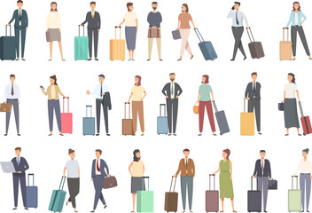 Business trip icons set cartoon vector. Travel airport. Man baggage