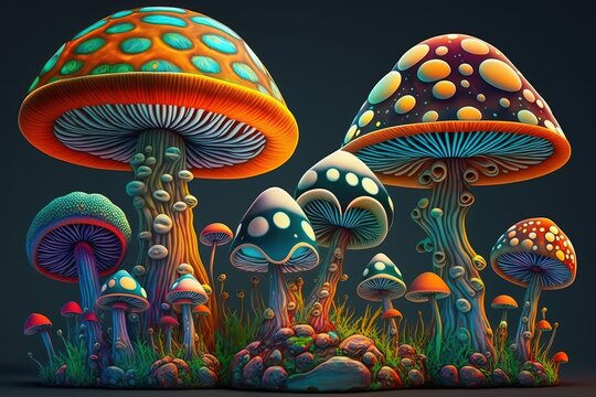 Abstract Phychedelic Mushroom In Colorful Neon Lights. Generative Ai