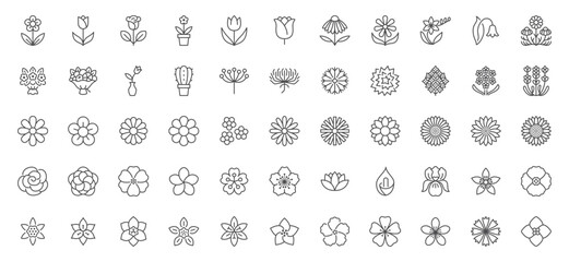 Flowers line icons set. Blooming plants - rose, tulip, daisy bouquet, sunflower, lotus, chamomile, dandelion, chrysanthemum, lily vector illustration. Outline signs for floral shop. Editable Stroke - 583068525