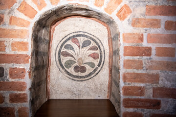 vintage frescoes on the walls of buildings from the Kremlin of Veliky Novgorod