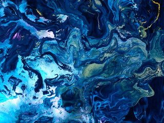 Neon blue abstract creative hand painted background, brush and marble texture, acrylic painting.