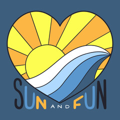 Illustration of a surfer-themed design, with a heart that has a wave and a sun inside and some handmade lettering that says sun and fun, Design for t-shirts