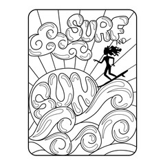 Fototapeta premium Illustration in black and white of a surf themed design, with the silhouette of a girl surfing in a sea of waves and in the background the sun and a cloud, with retro style hand drawn lettering that s