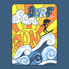 Illustration of a surf-themed design, with a silhouette of a girl surfing in a sea of waves and in the background the sun and a cloud, with retro-style handmade letters that say surf and solf, Design 