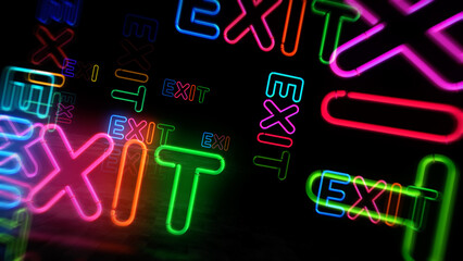 Exit emergency escape neon light 3d illustration