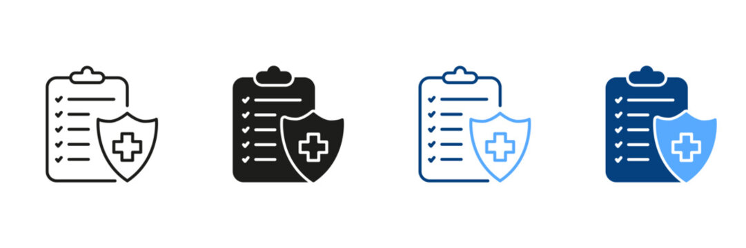 Hospital Diagnostic Document Black and Color Symbol Collection. Patient Diagnosis Report Pictogram. Medical Record Line and Silhouette Icon Set. Information on Clipboard. Isolated Vector Illustration
