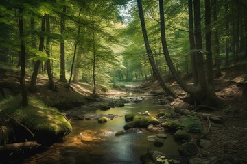 Green forest and stream with sunlight, Woodland, Generative AI