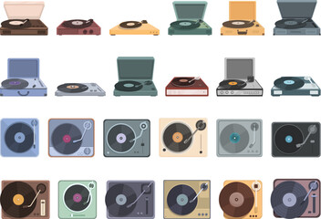 Vinyl player icons set cartoon vector. Turntable music. Record old