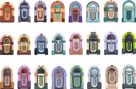 Jukebox icons set cartoon vector. Dance machine. Disco music