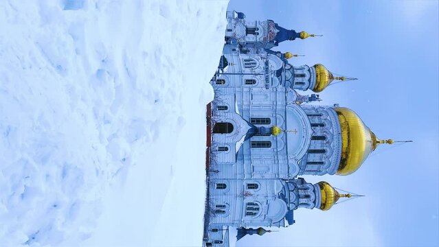 Belogorsky St. Nicholas Orthodox Missionary Monastery. Russia, Perm Krai, Belaya Gora. The temple on the hill in winter. Monastery on the background of snow. 4K