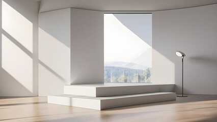 Fototapeta na wymiar Podium abstract studio room with geometric platform for mockup display minimalistic wall scene for products showcase, Promotion display Generative AI