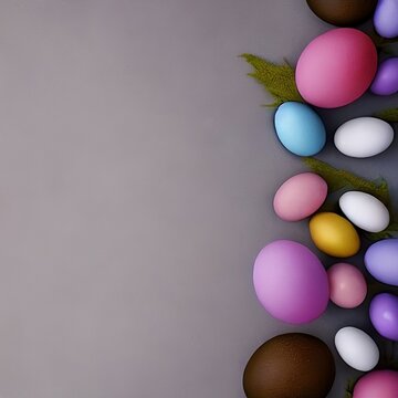 Easter colored eggs in a basket isolated on trendy dark blue background. Minimal concept. Card with copy space for text.