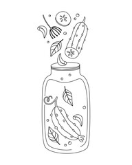 Doodle set of cucumbers in a jar. Vector illustration isolated on white background. Coloring for children.