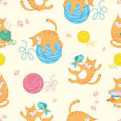 Seamless pattern with red funny fat cats in different poses and balls of yarn on a light background
