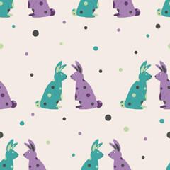 Seamless pattern of cute spotted turquoise and purple bunnies sitting in line on light pink background with colored circles