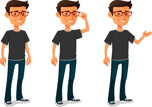 Funny Cartoon Character Of A Young Man In Jeans, Wearing Glasses, Smiling And Gesturing