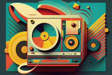 Flat retro design: Vintage music player, сassette, record, and musical mood | Generative AI Production
