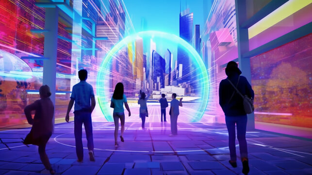 Citizens in the future and sphere of modern skyscrapers. Concept of metaverse, time traveling, cyber world or futuristic people.