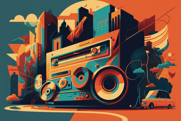 Flat retro design: Vintage music player, сassette, record, and musical mood in city | Generative AI Production