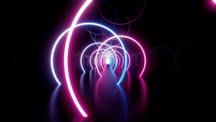 Obraz premium Neon Line Tunnel glowing Fluorescent light corridor stage 3D illustration background