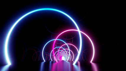 Neon Line Tunnel glowing　Fluorescent light corridor stage  3D illustration background