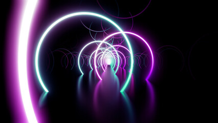 Neon Line Tunnel glowing　Fluorescent light corridor stage  3D illustration background