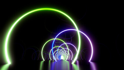 Neon Line Tunnel glowing　Fluorescent light corridor stage  3D illustration background