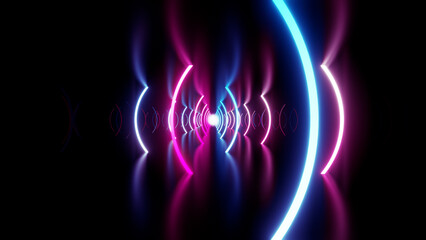 Neon Line Tunnel glowing　Fluorescent light corridor stage  3D illustration background