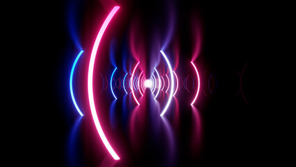 Neon Line Tunnel glowing　Fluorescent light corridor stage  3D illustration background