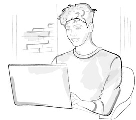 Young boy working on laptop. Happy Teenager vector storyboards - 583072918