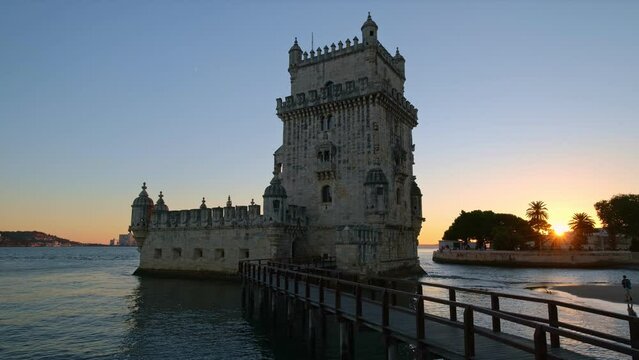Belem Tower or Tower of St Vincent - famous tourist landmark of Lisboa and tourism attraction - on the bank of the Tagus River (Tejo) on sunset. Lisbon, Portugal
