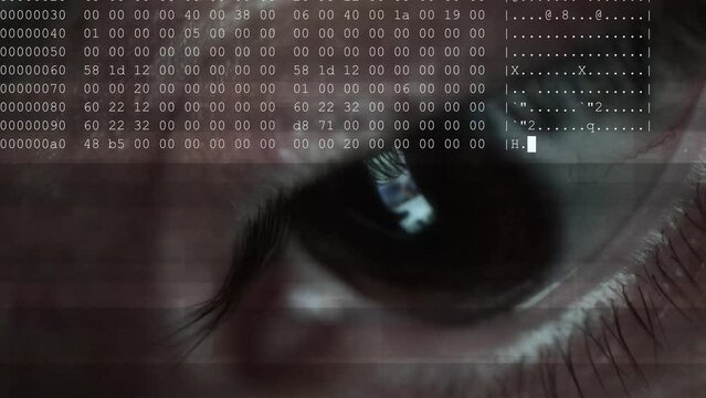 Detail of man's eye with digital glitch overlays, software code text scrolling line after line. Concept video for biometric control, artificial intelligence, iris analysis hi-tech. Cyborg AI and human