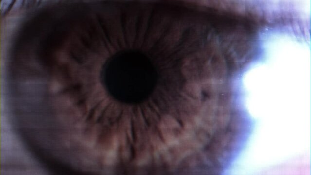 Detail of man's eye with digital glitch overlays, software code text scrolling line after line. Concept video for biometric control, artificial intelligence, iris analysis hi-tech. Cyborg AI and human