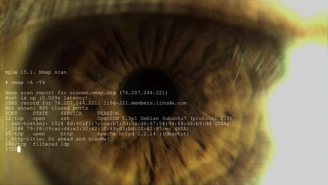 Detail of man's eye with digital glitch overlays, software code text scrolling line after line. Concept video for biometric control, artificial intelligence, iris analysis hi-tech. Cyborg AI and human