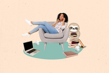 Creative picture collage of young student girl sit chair online education conceptual image speak friends while lecture isolated on beige background