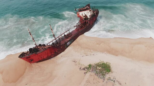 abandoned shipwreck of the Tamaya 1 at the coast of Liberia, Africa