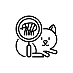 Cat with tick under magnifying glass. Veterinary clinic. Pet parasites. Thin line icon. Vector illustration.