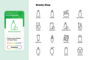 Beauty shop thin line icons set: skin care, cream, gel, organic cosmetics, make up, soap dispenser, nail care, beauty box, deodorant, face oil, scrub, shampoo, sheet mask. Modern vector illustration.