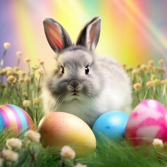 Cute Easter bunny sitting in a grass fields with Colorful spring  feeling, Colorful easter eggs with a nice bright rainbow background, Generative AI, realistic bunny super cute