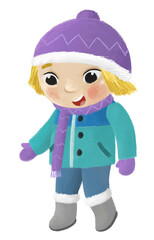 cartoon child kid boy taking off or putting on winter autumn clothes by him self childhood illustration for children