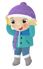 cartoon child kid boy taking off or putting on winter autumn clothes by him self childhood illustration for children