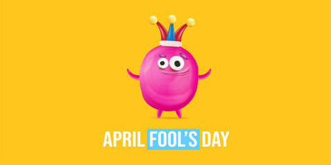 April Fools day funky horizontal banner with silly pink clown monster character isolated on orange background. 1 st april fool day banner, poster, label, flyer and greeting card. Fool day print