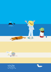 夏の海の防波堤でクジラに手を振る少年と少女