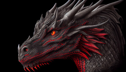 Black and red dragon head close-up on a black background. Generate Ai. © AI_images