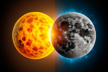 Image of sun and moon, day and night, light and darkness, dark and light. Solar and lunar eclipse. Generative AI.