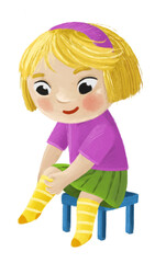 cartoon child kid boy taking off or putting on summer spring clothes by him self childhood illustration for kids