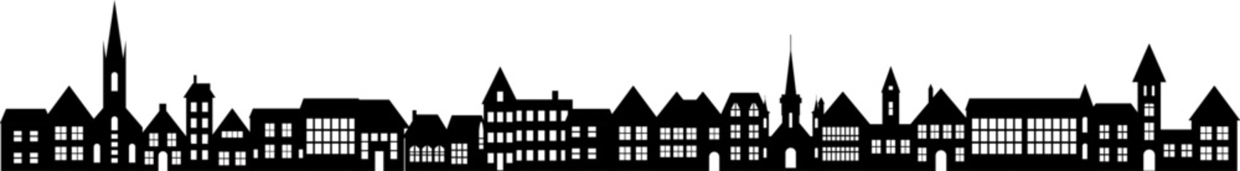 Town skyline silhouette. Small city houses, factory buildings, old church roofs, simple residental neighborhood vector flat scene.