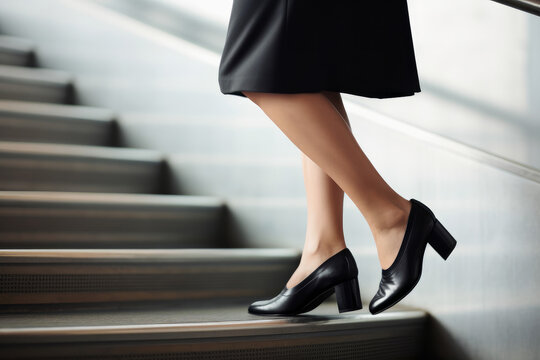 Close up of business womans feet walking up a set of stairs to reach their goals. Generative ai